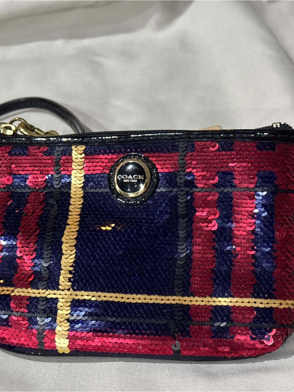 Coach Sequin Plaid Wristlet — Navy, Red & Gold Accents